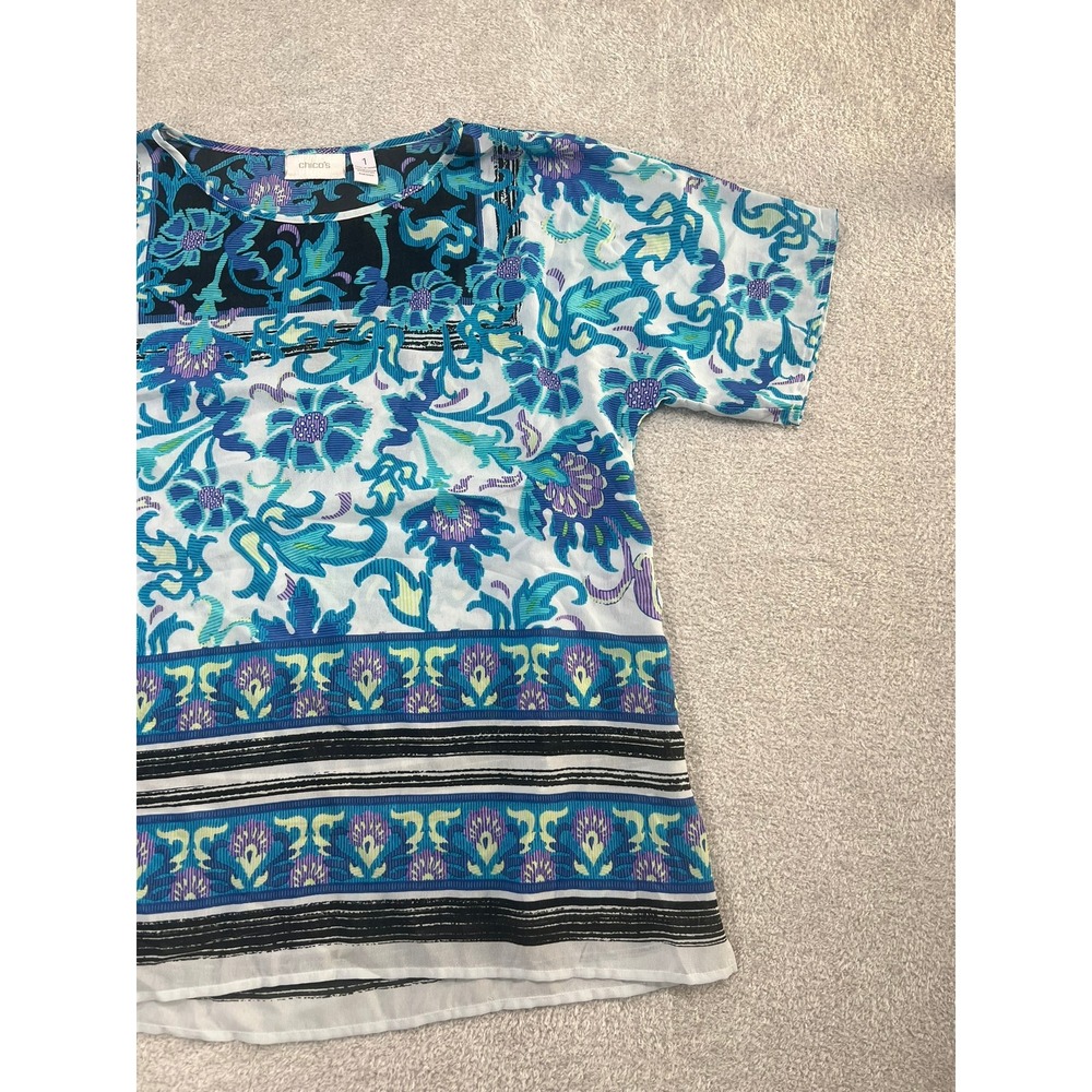 Chicos Womens Blue Floral Paisley Border Print Short Sleeve Blouse Size 1 M - Picture 7 of 7
